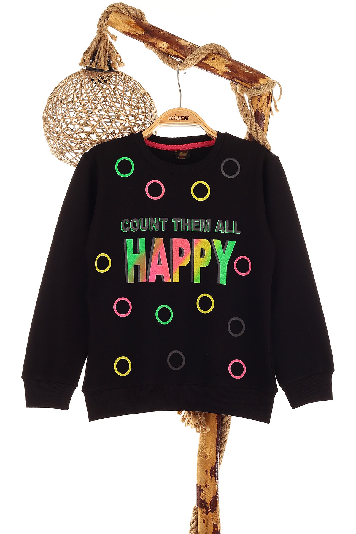 Siyah (9-12 Yaş) Happy Baskılı Kız Çocuk Sweat 150982