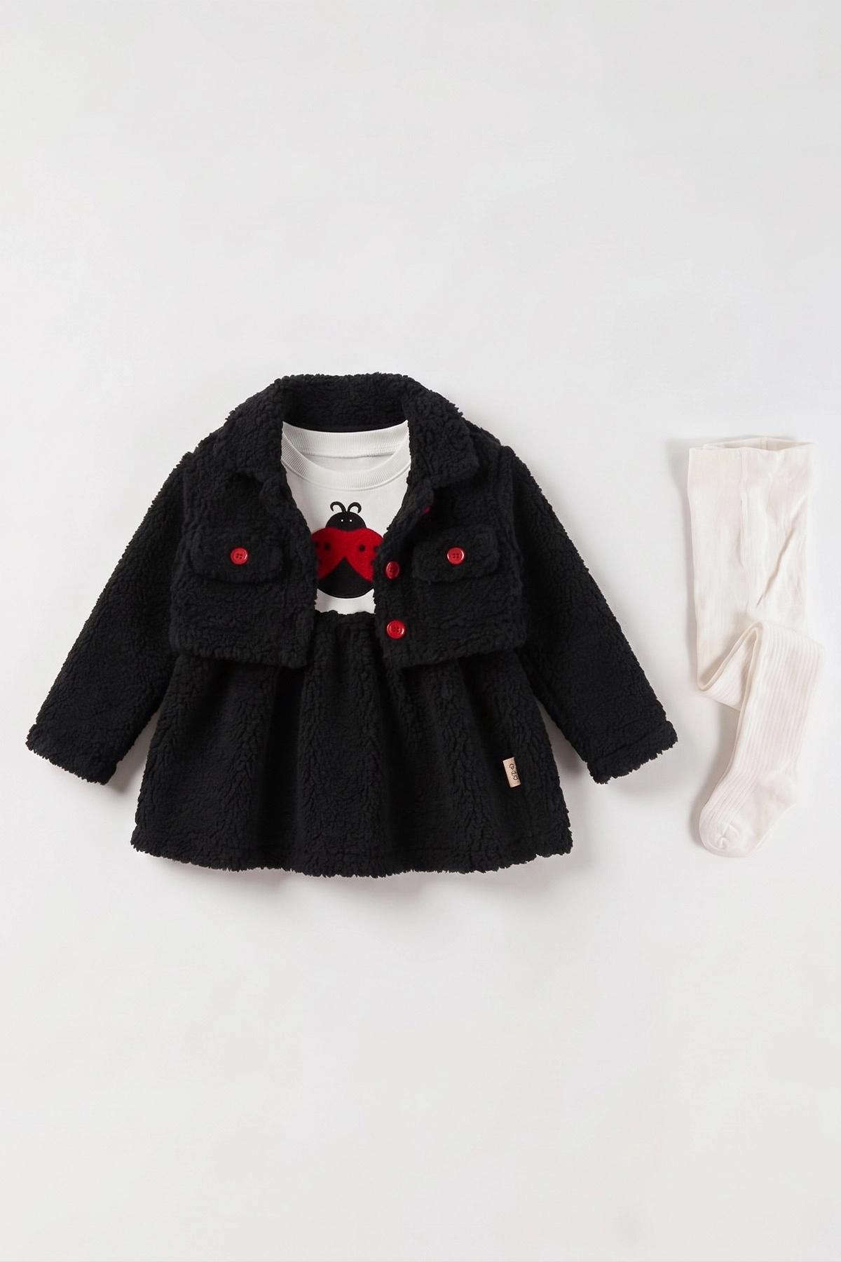 Siyah (9-24 Ay) Süzene Uğur Böceği Nakışlı Peluş Ceketli Çoraplı Kız Bebek Elbiseli Takım 482199