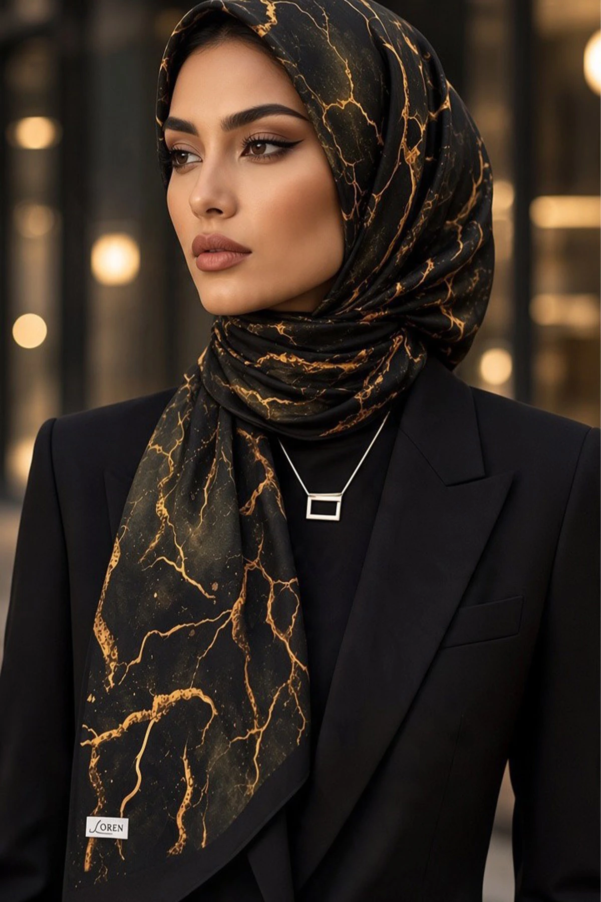 Siyah 90x90 Cm Dijital Baskılı Mermer Desen Kutulu Twill Eşarp 501053
