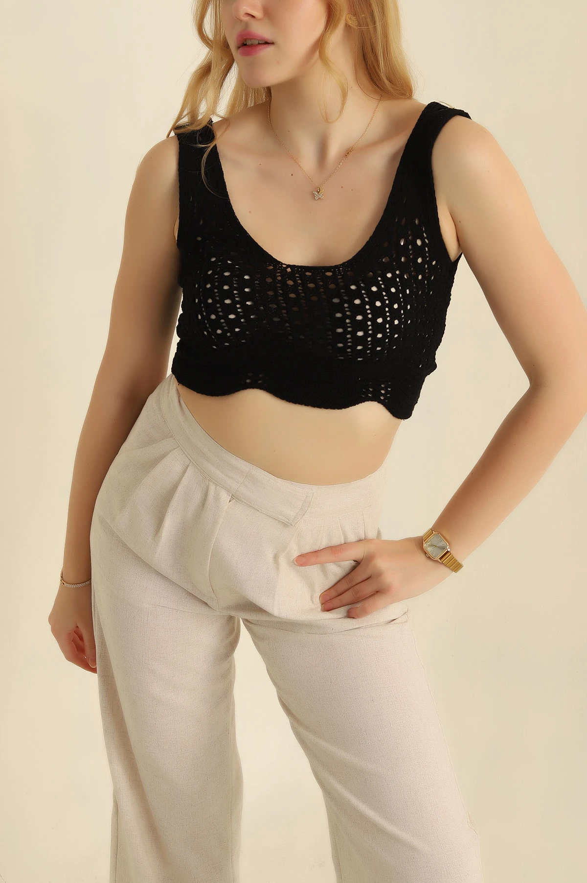 Siyah Ajurlu Crop Triko Bluz 271047