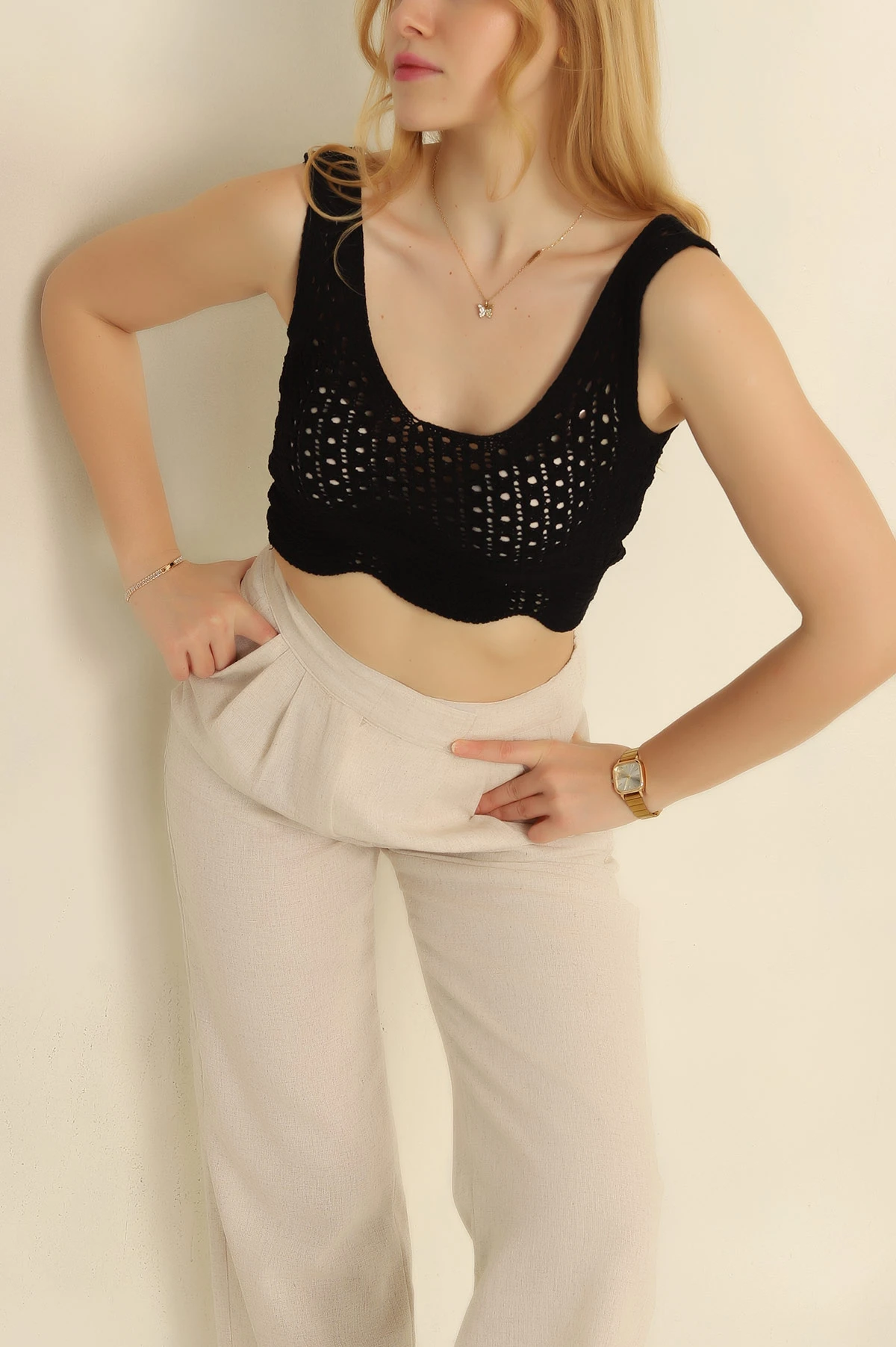 Siyah Ajurlu Crop Triko Bluz 271047