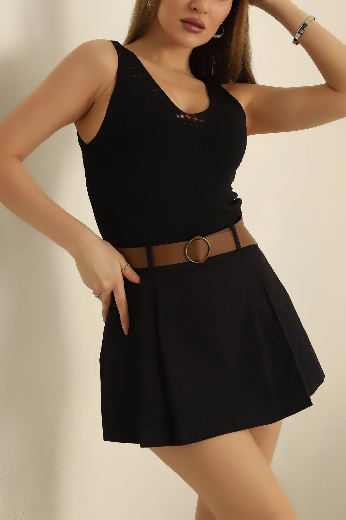 Siyah Ajurlu Polyelid Triko Bluz 254441