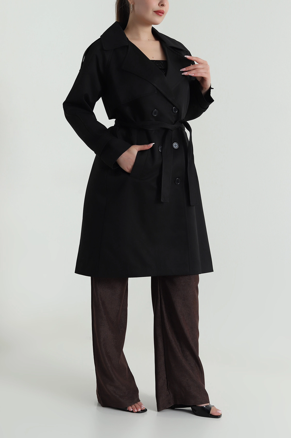 Siyah Aller Detay Kadın Gabardin Trençkot 485780