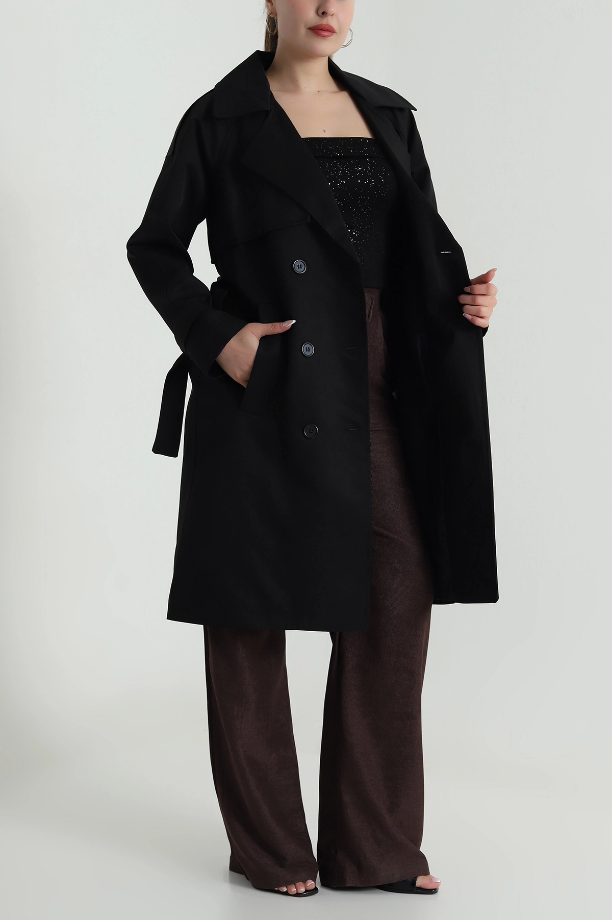 Siyah Aller Detay Kadın Gabardin Trençkot 485780