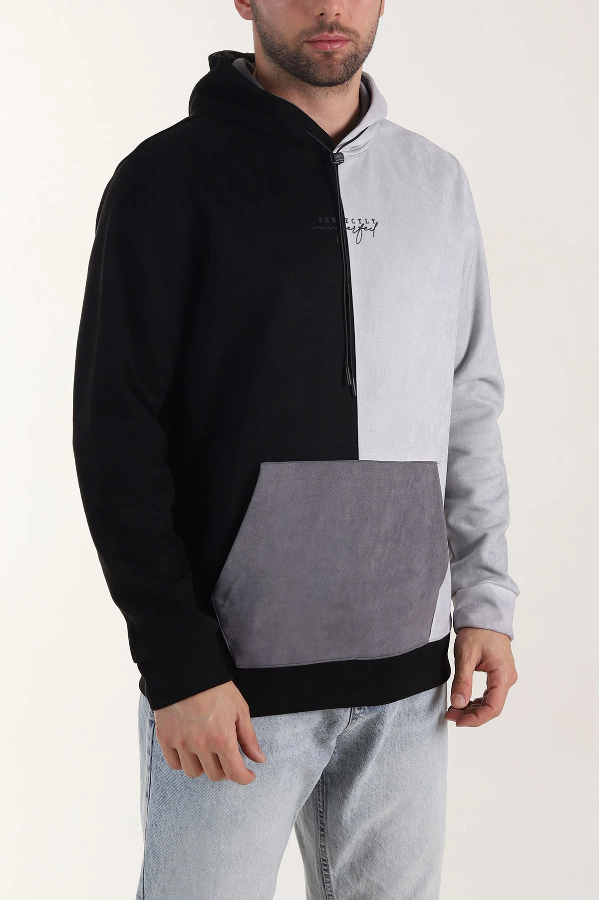 Siyah Antrasit Kapüşonlu Yazı Detaylı Cepli Erkek Sweatshirt 413637