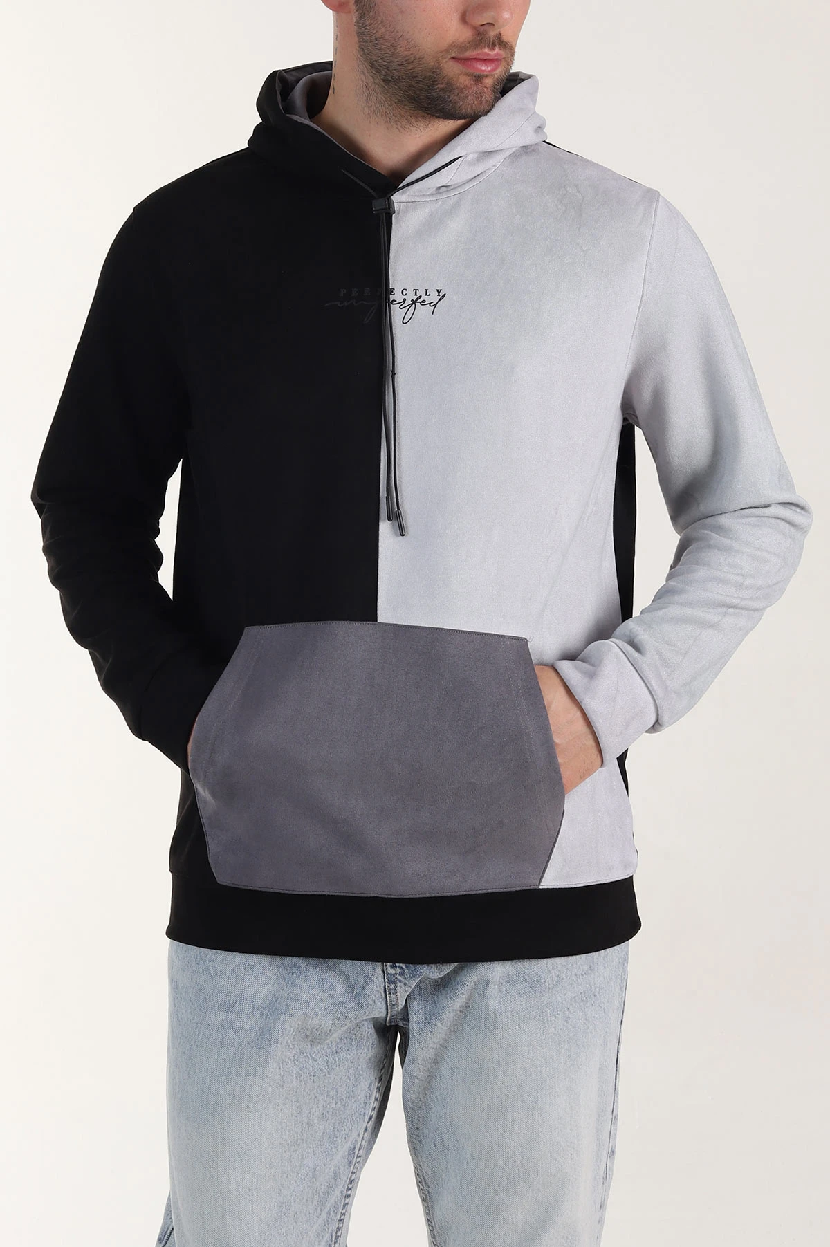 Siyah Antrasit Kapüşonlu Yazı Detaylı Cepli Erkek Sweatshirt 413637