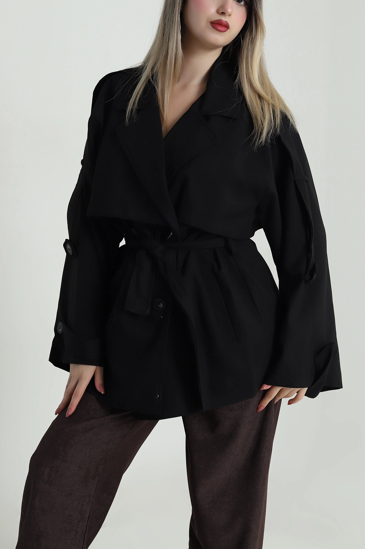 Siyah Apolet Detay Oversize Bezayağı Kadın Trenç 485778