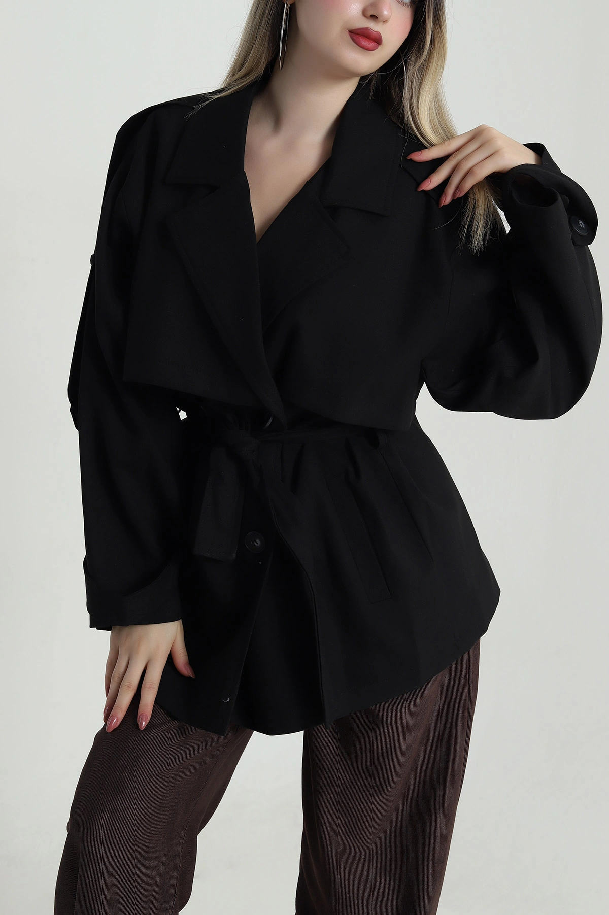 Siyah Apolet Detay Oversize Bezayağı Kadın Trenç 485778