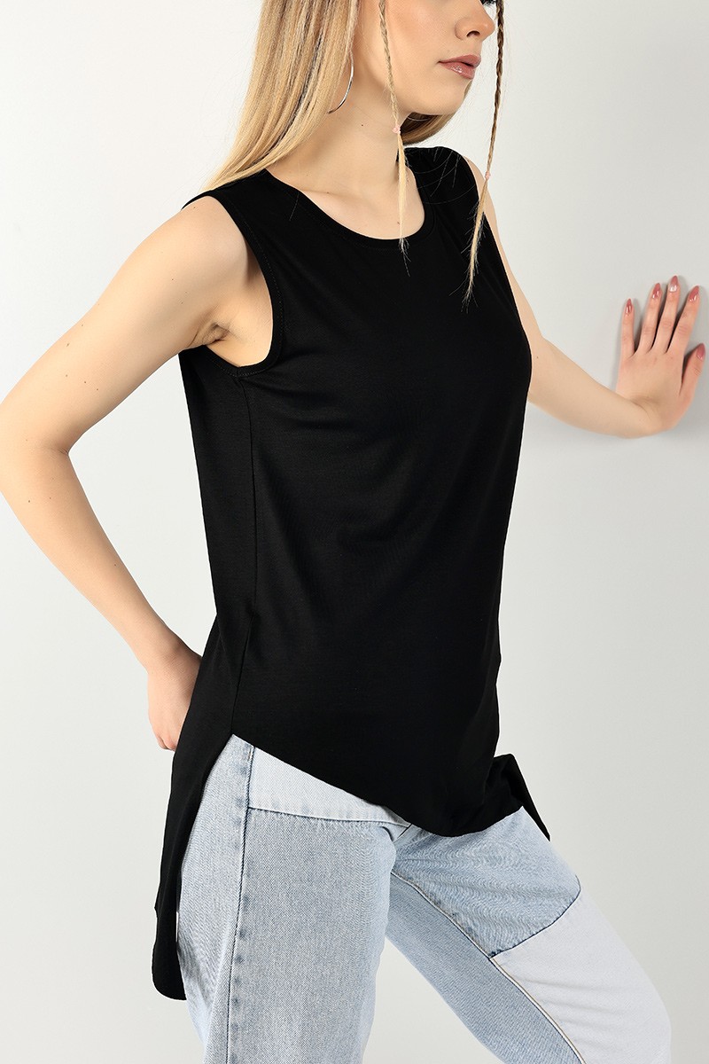 Siyah Asimetrik Kesim Kolsuz Bluz 100559