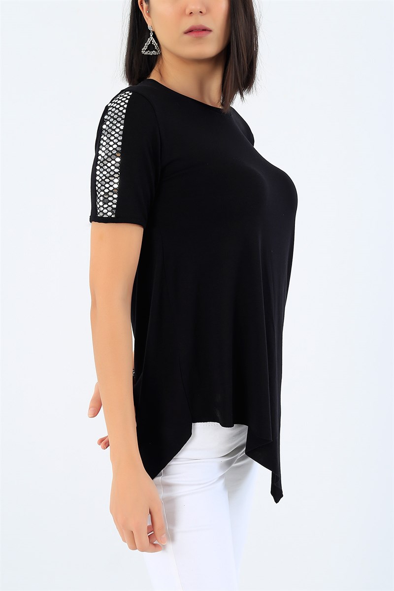Siyah Asimetrik Kesim Kolu Pullu Bluz 27311B
