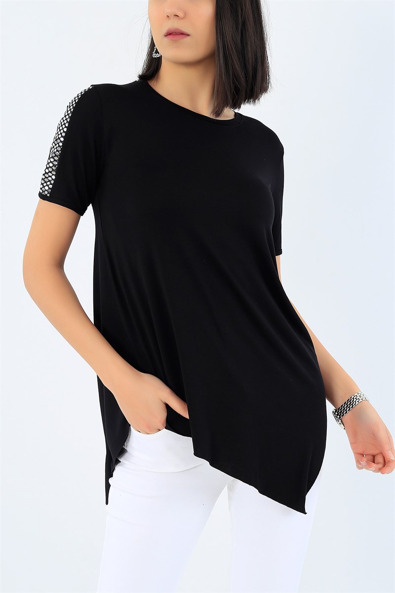 Siyah Asimetrik Kesim Kolu Pullu Bluz 27311B