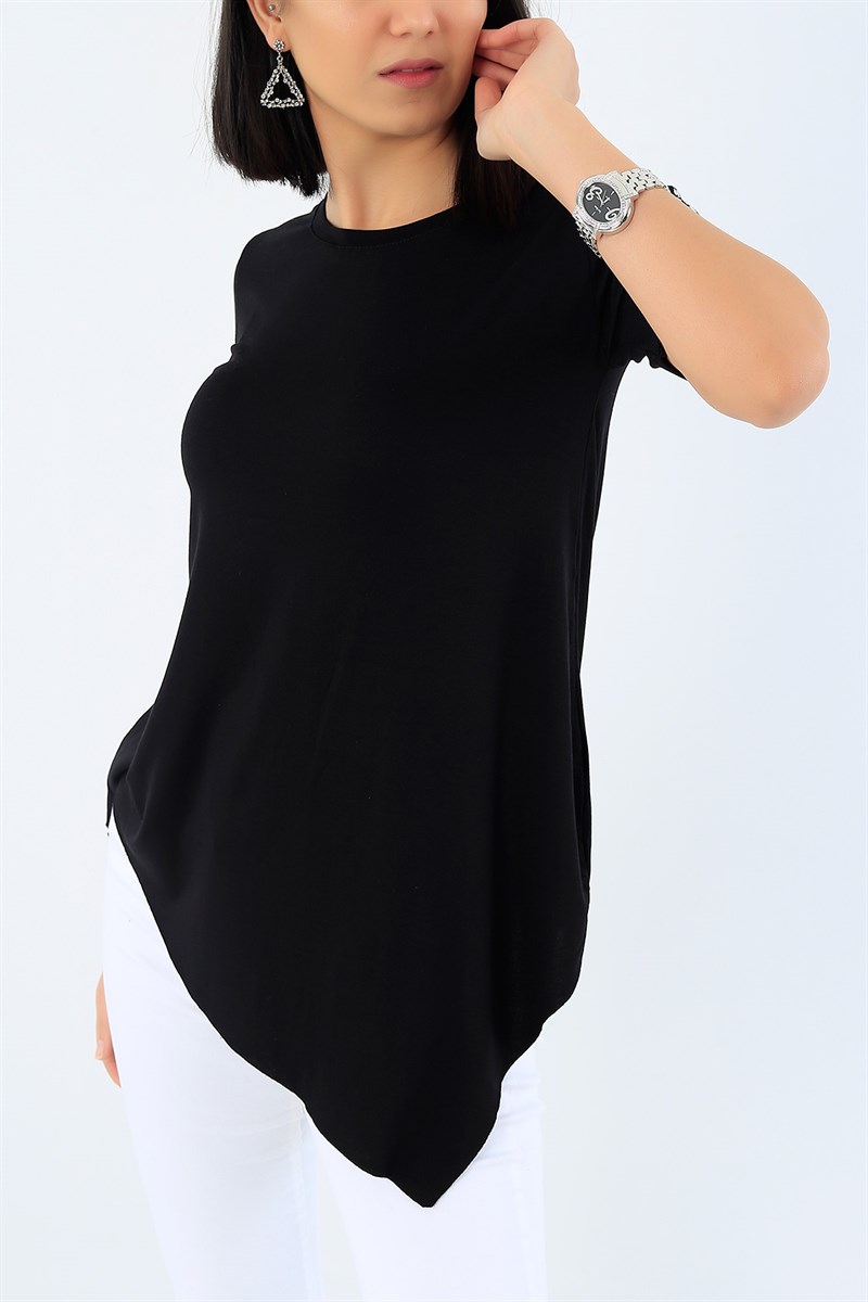 Siyah Asimetrik Kesim Kolu Pullu Bluz 27311B