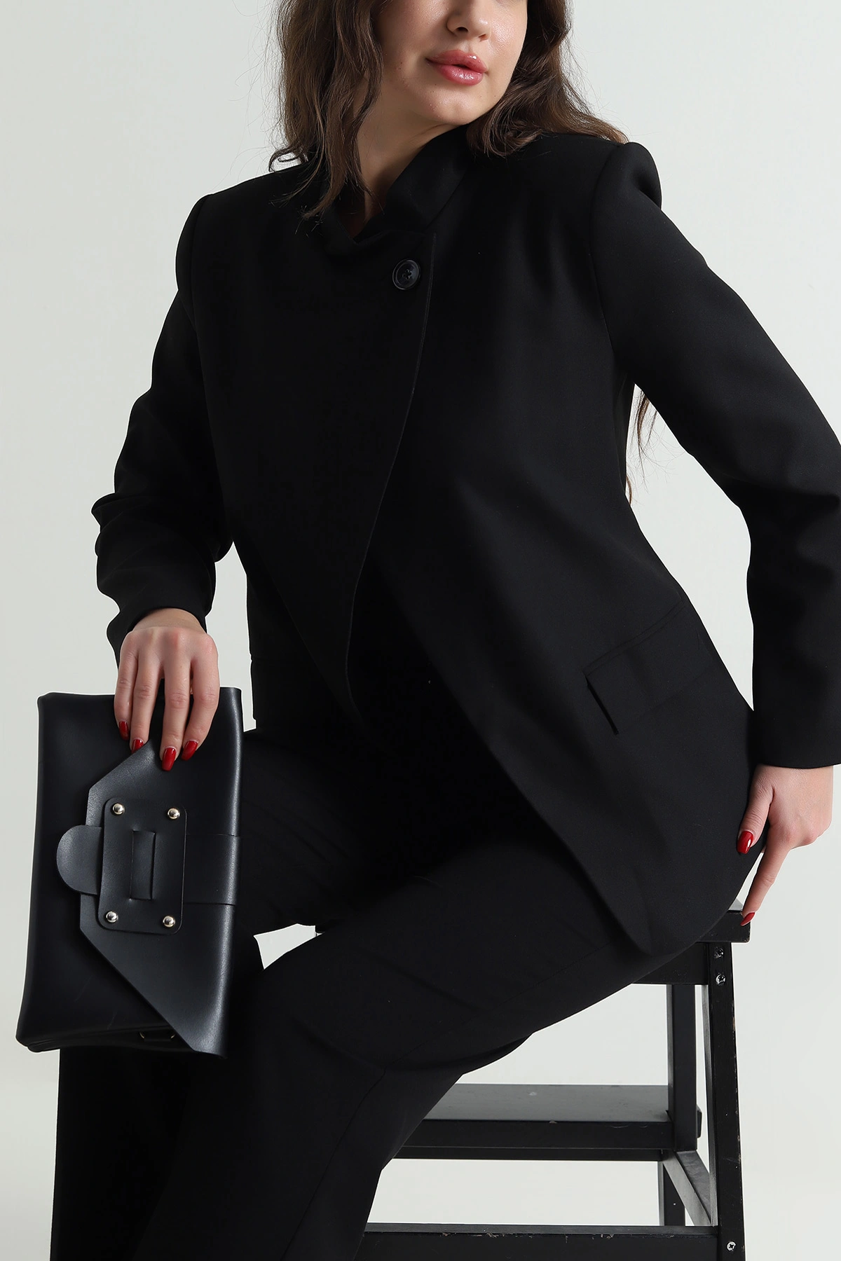 Siyah Asimetrik Kruvaze Bezayağı Kadın Blazer Ceket 497646
