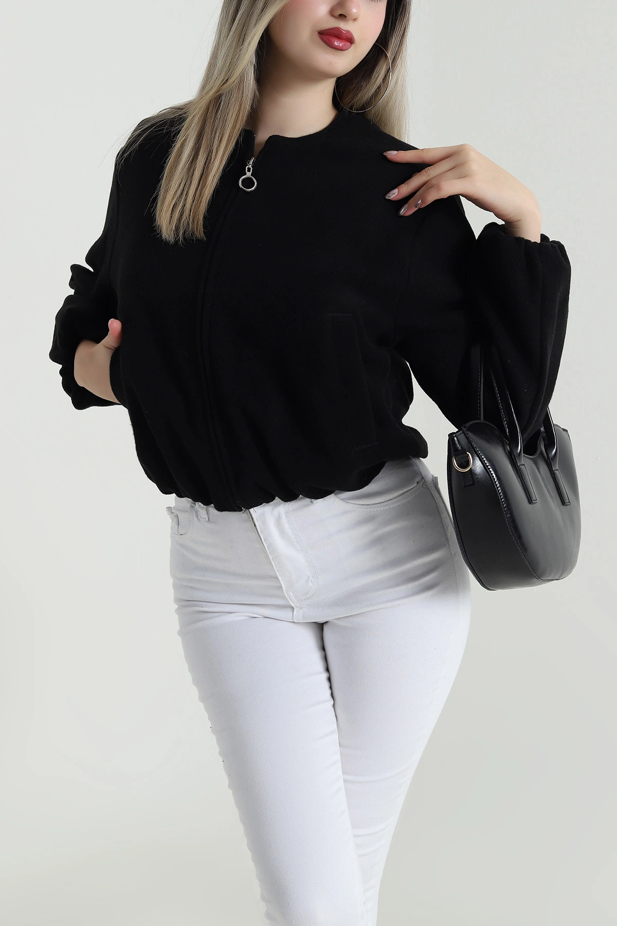 Siyah Astarlı Beli Lastikli Kaşe Mont 489376