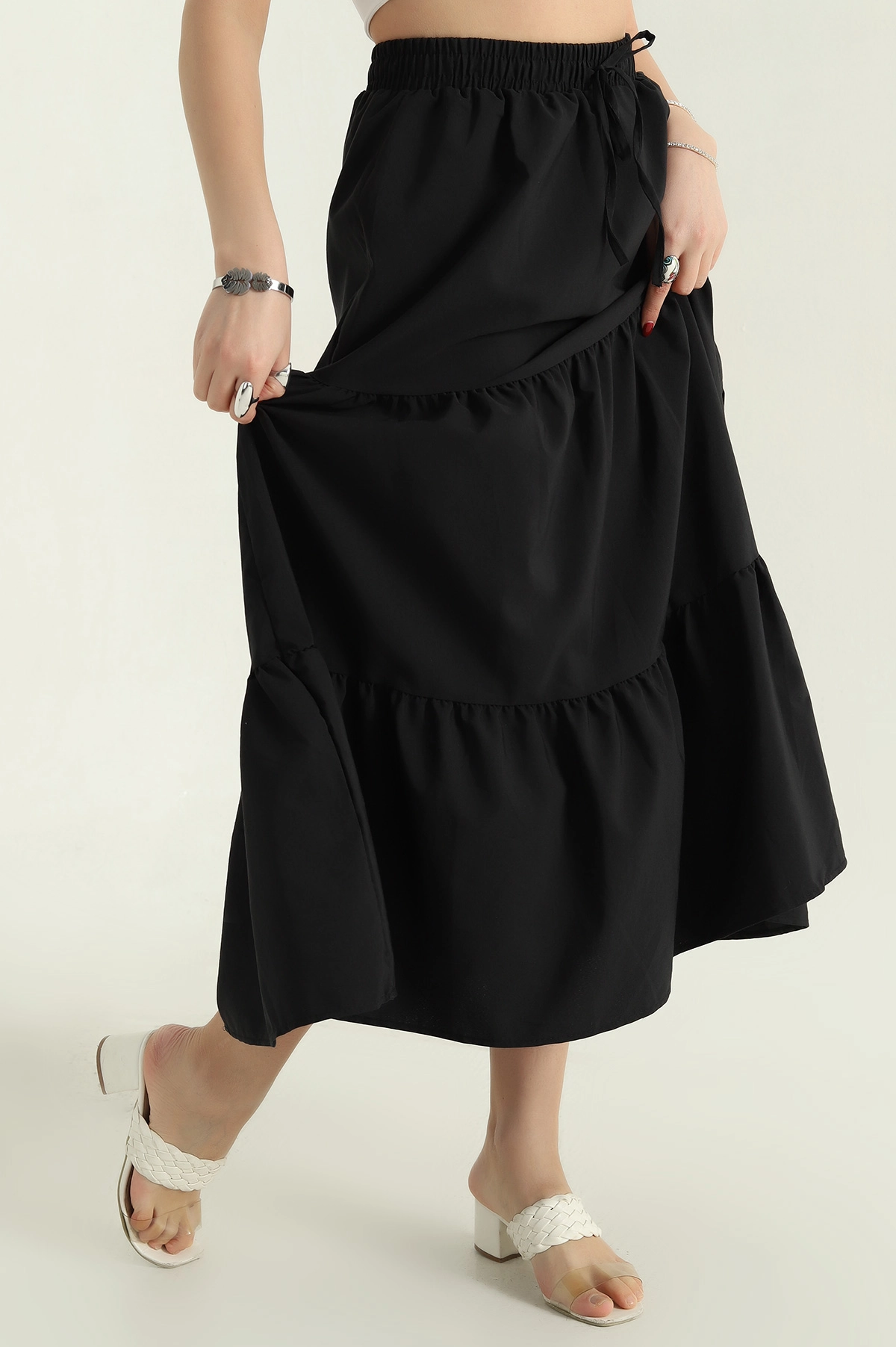 Siyah Astarlı Beli Lastikli Poplin Etek 336899