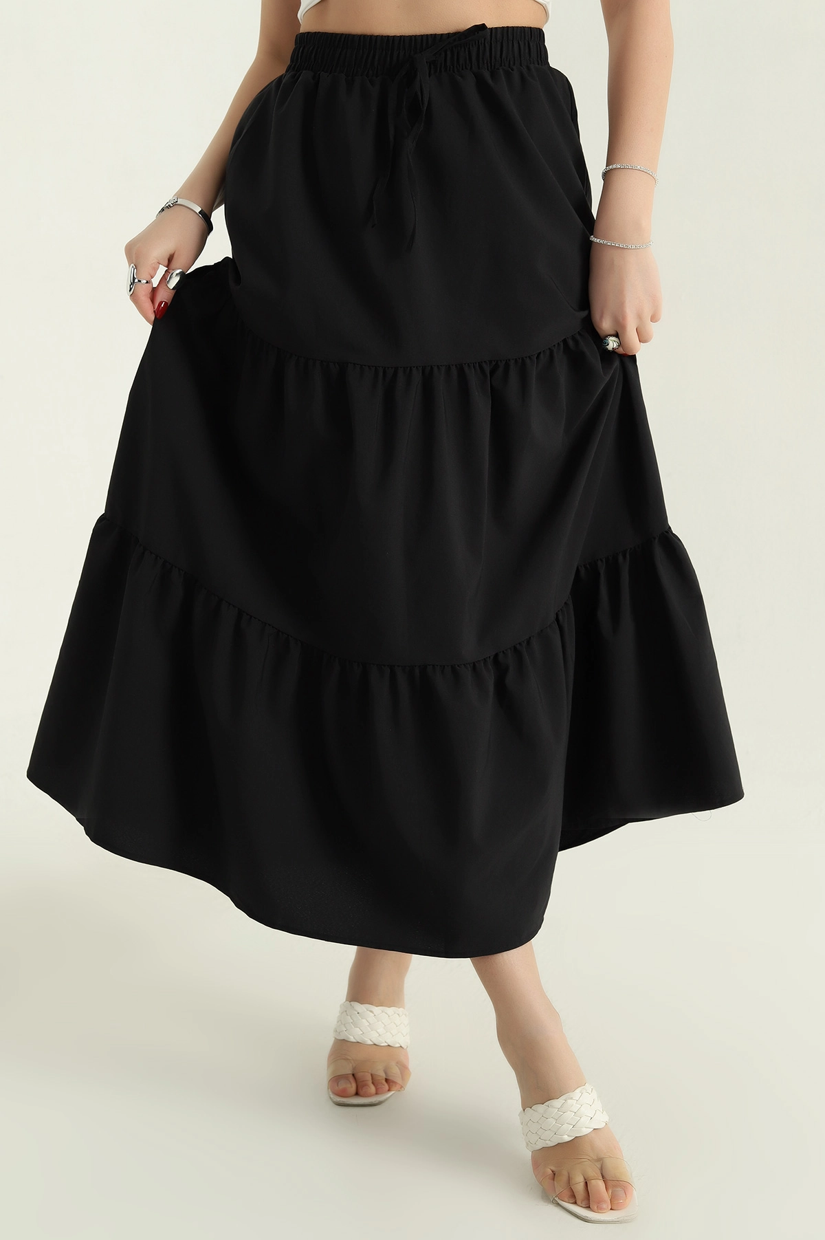Siyah Astarlı Beli Lastikli Poplin Etek 336899