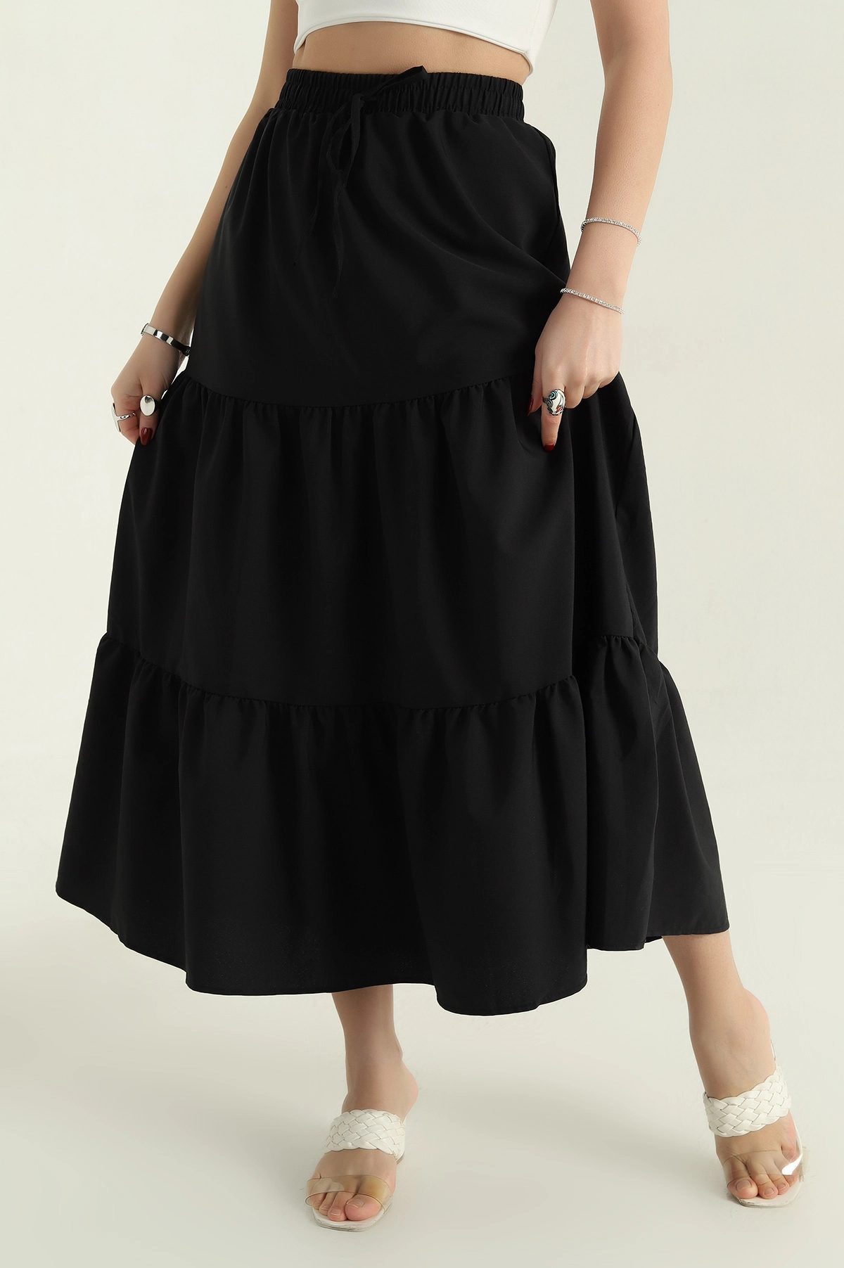 Siyah Astarlı Beli Lastikli Poplin Etek 336899