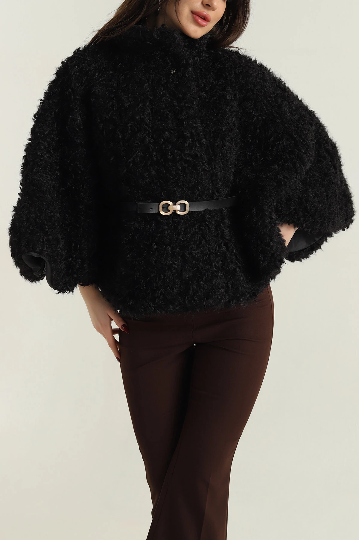 Siyah Astarlı Düğmeli  Kadın Peluş Panço 417364