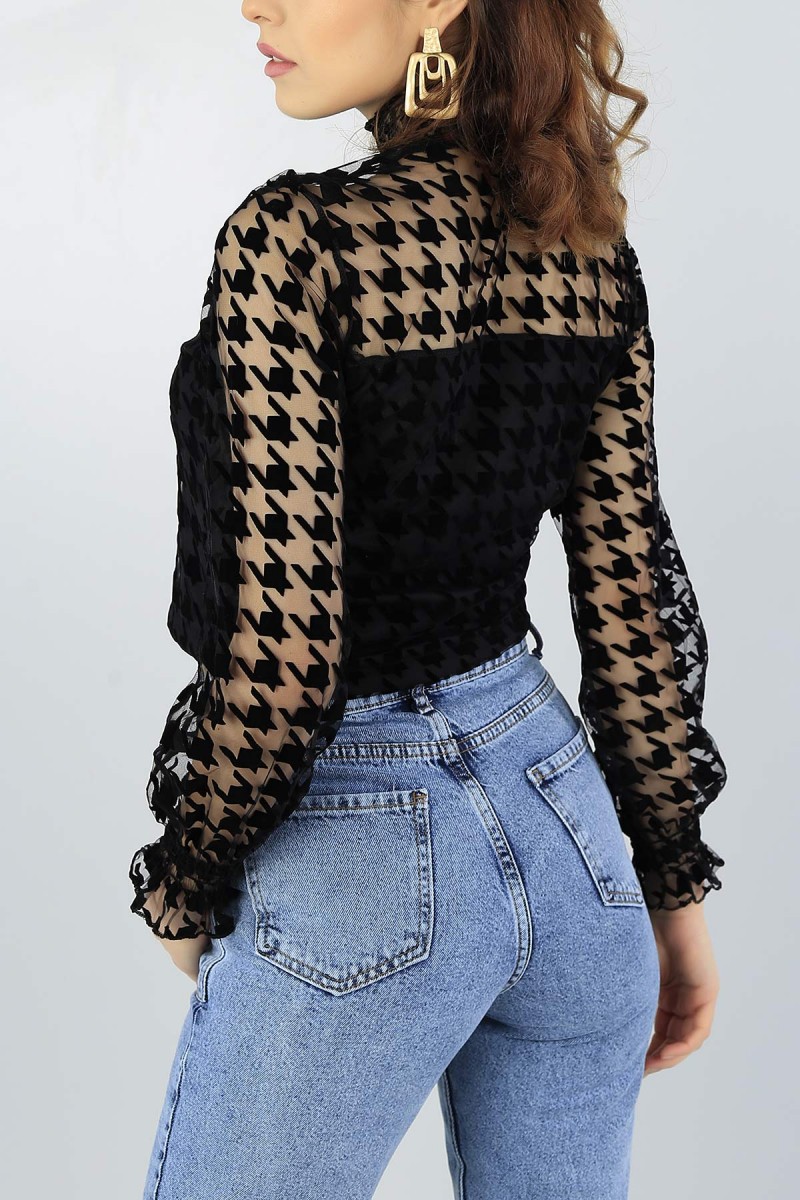 Siyah Astarlı Flok Baskılı Bluz 52631