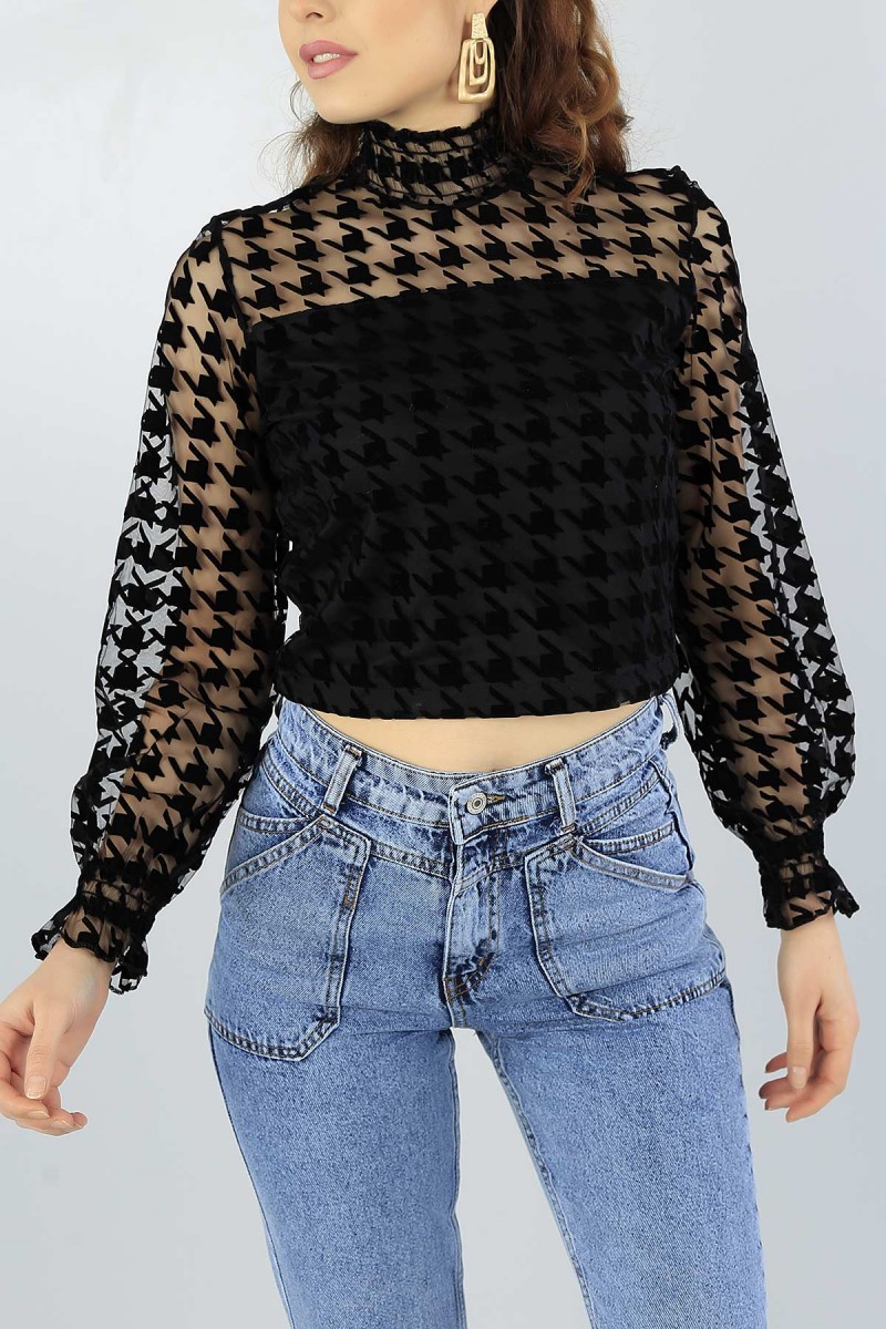 Siyah Astarlı Flok Baskılı Bluz 52631