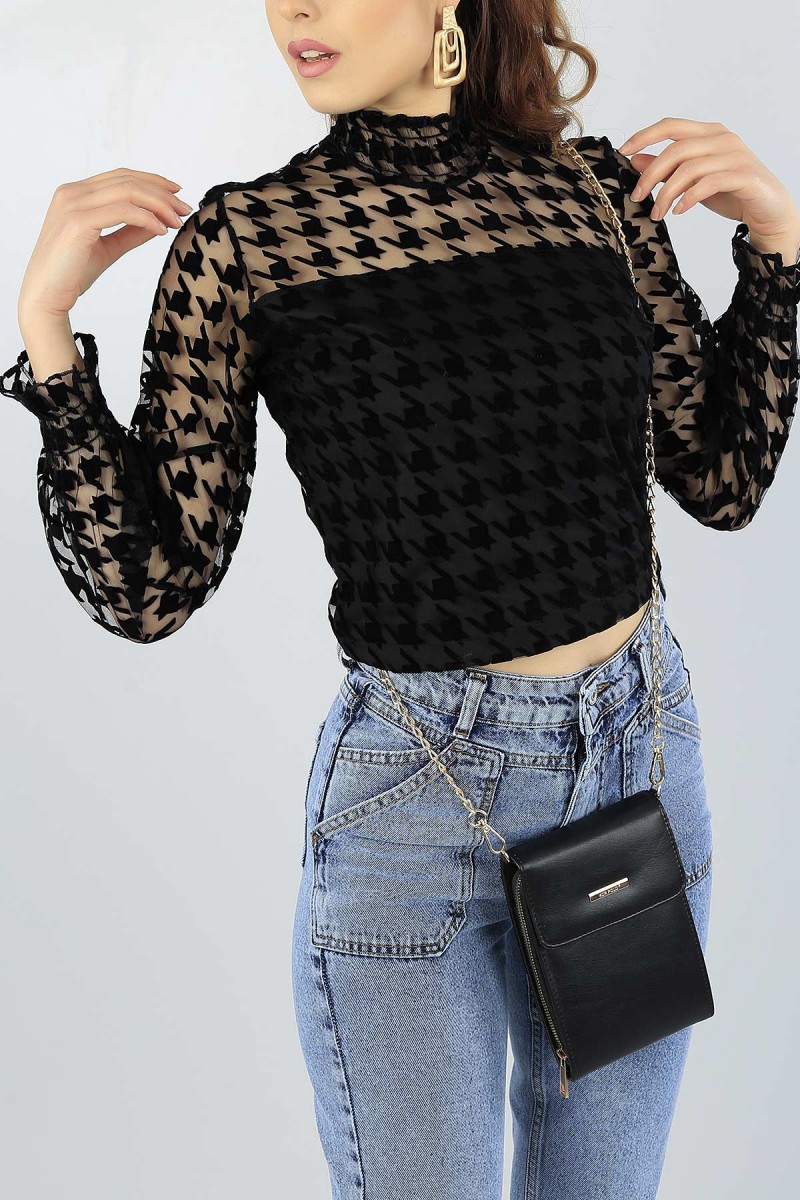 Siyah Astarlı Flok Baskılı Bluz 52631