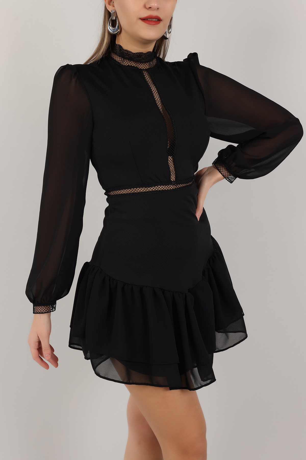 Siyah Astarlı Güpürlü Şifon Elbise 156038