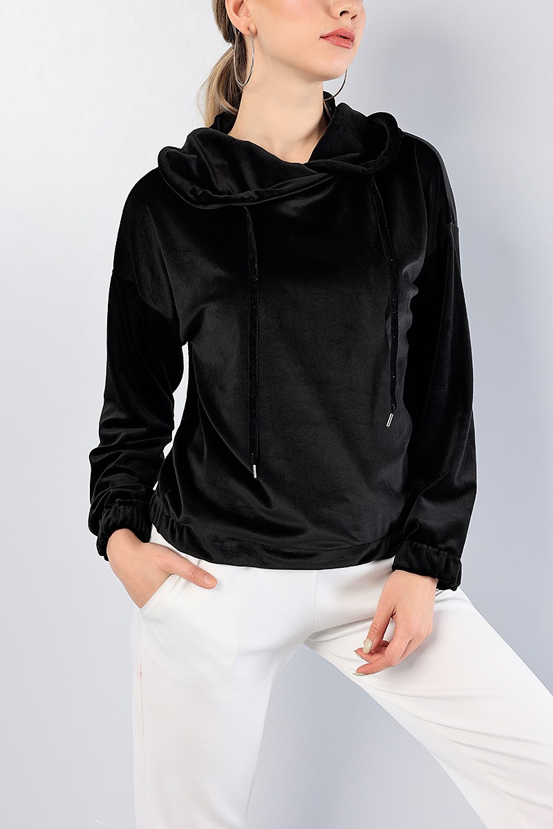 Siyah Astronot Yaka Bayan Kadife Sweat 81283