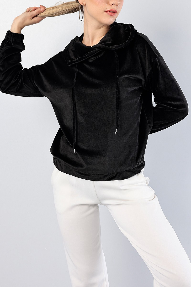 Siyah Astronot Yaka Bayan Kadife Sweat 81283