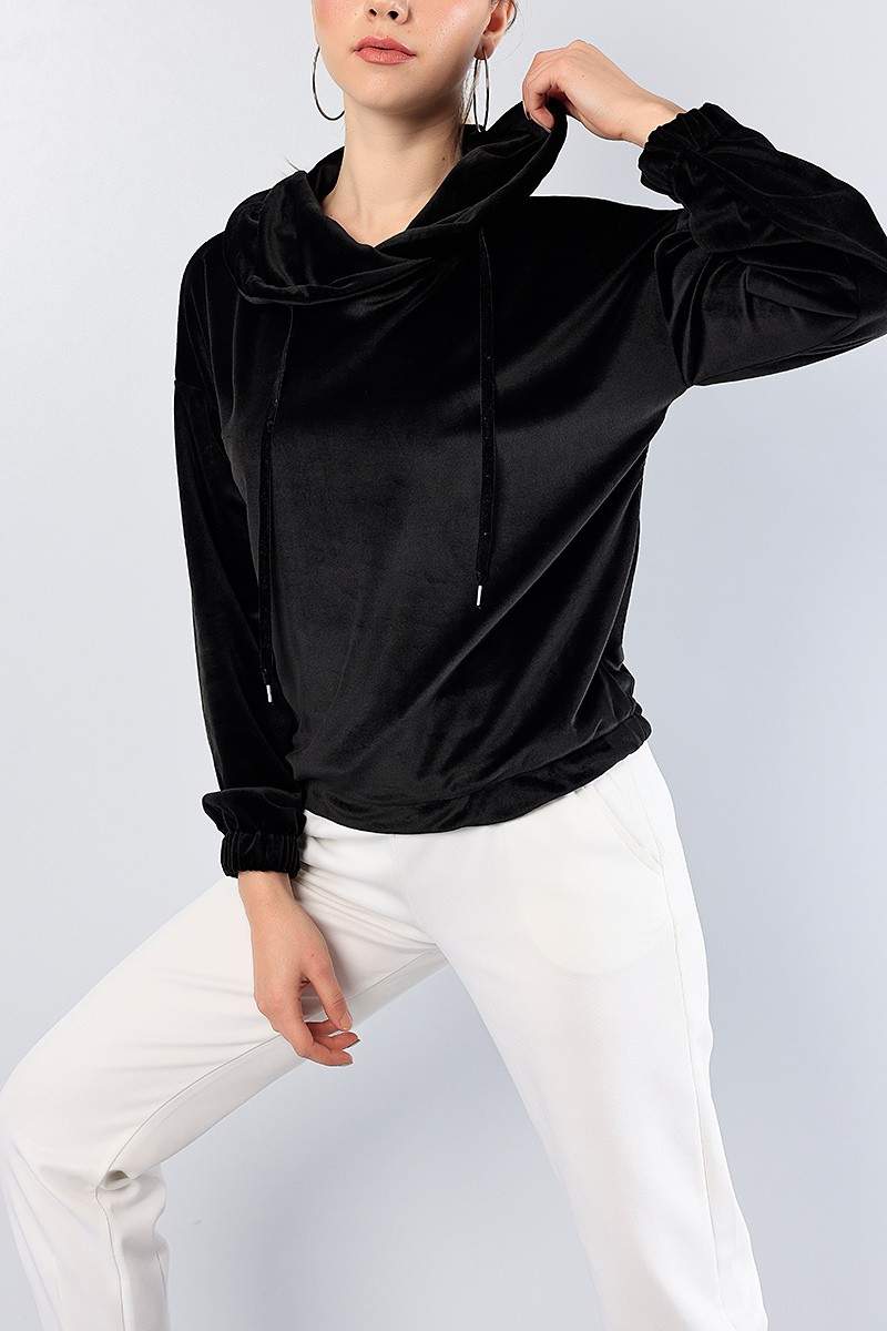 Siyah Astronot Yaka Bayan Kadife Sweat 81283