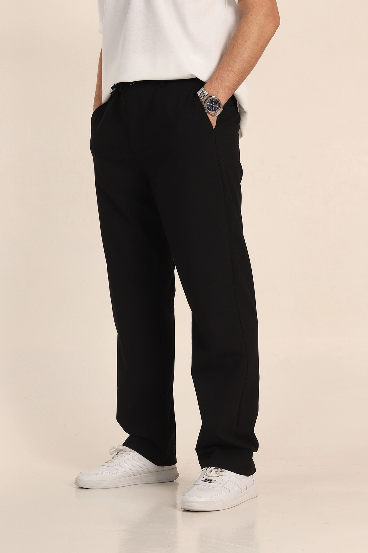Siyah Baggy Bel Arkası Lastikli Gofre Kumaş Erkek Pantolon 349731
