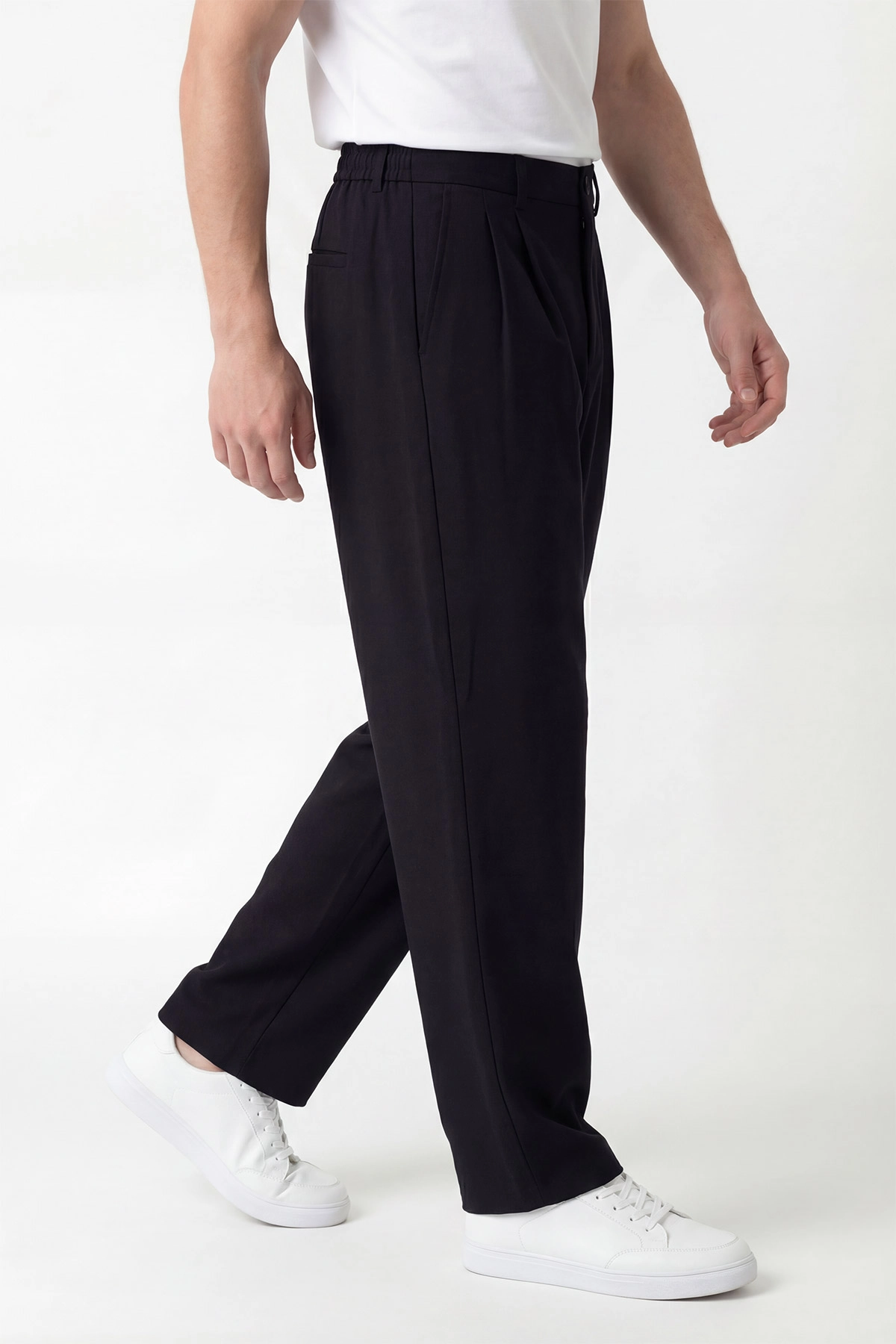 Siyah Baggy Çift Pile Detaylı Bel Arkası Lastikli Erkek Kumaş Pantolon 449745