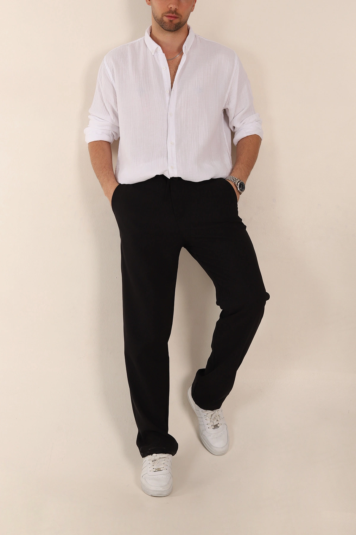 Siyah Baggy Double Kumaş Bel Lastikli Erkek Pantolon 351858