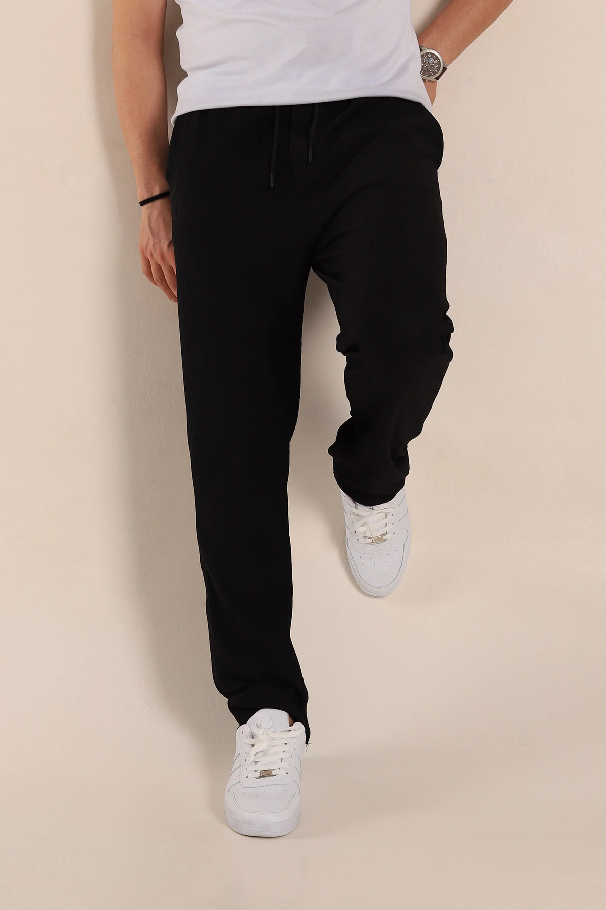 Siyah Baggy Fit Bel Bağlamalı Kesik Paça Erkek Jogger Pantolon 257471
