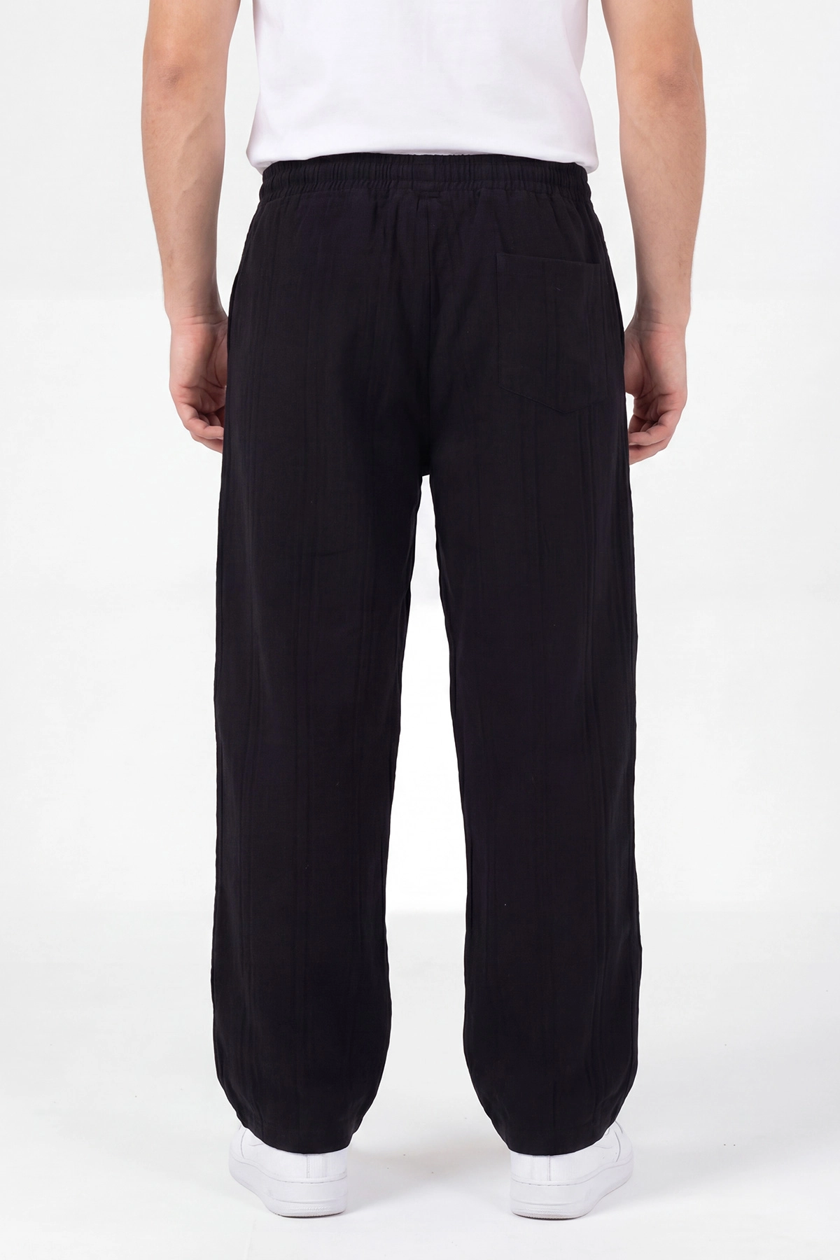Siyah Baggy Ham Keten Belden Bağlamalı Erkek Pantolon 459576