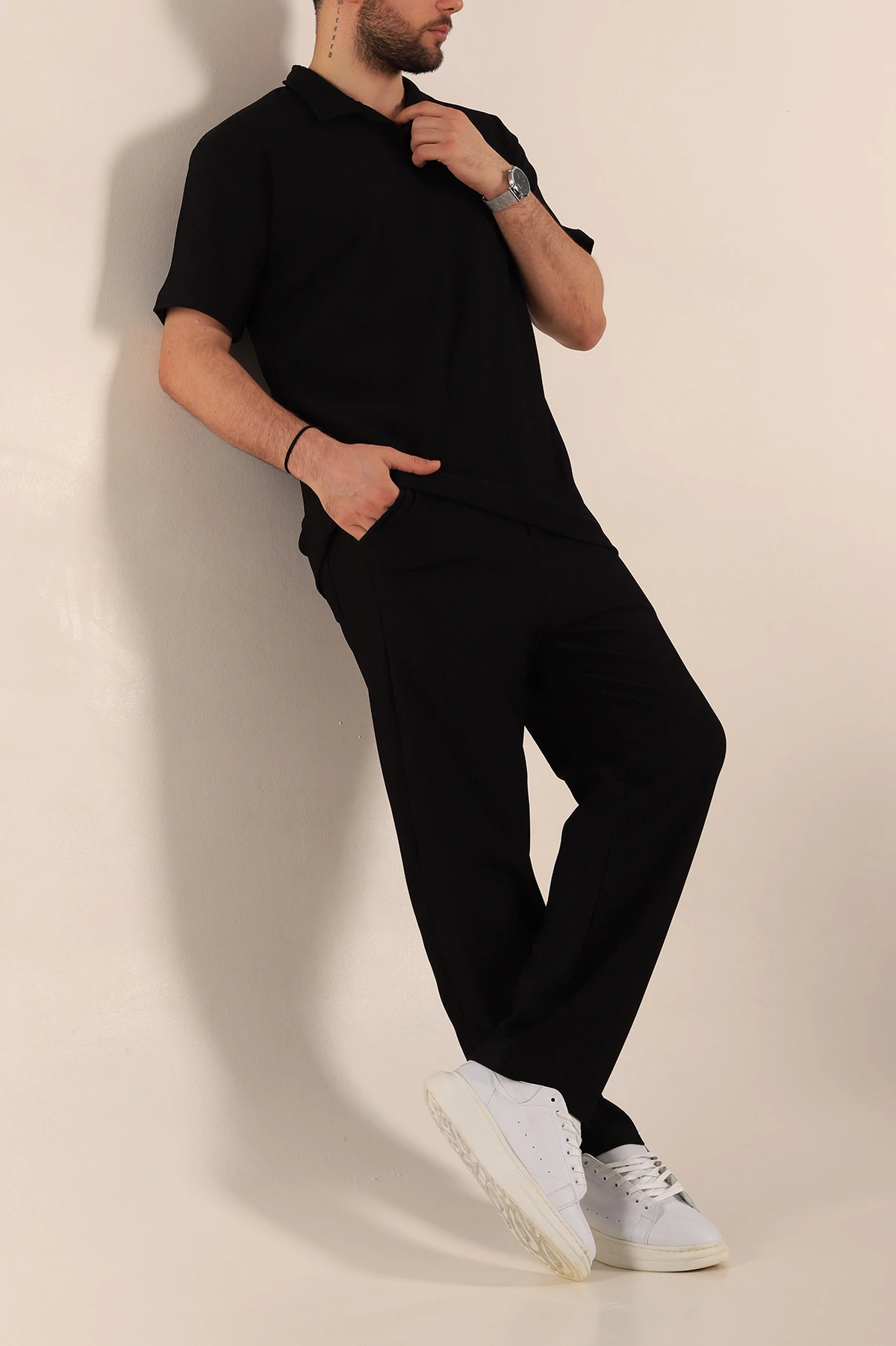 Siyah Baggy Jakarlı Polo Yaka Tişörtlü Eşofman Takımı 269184