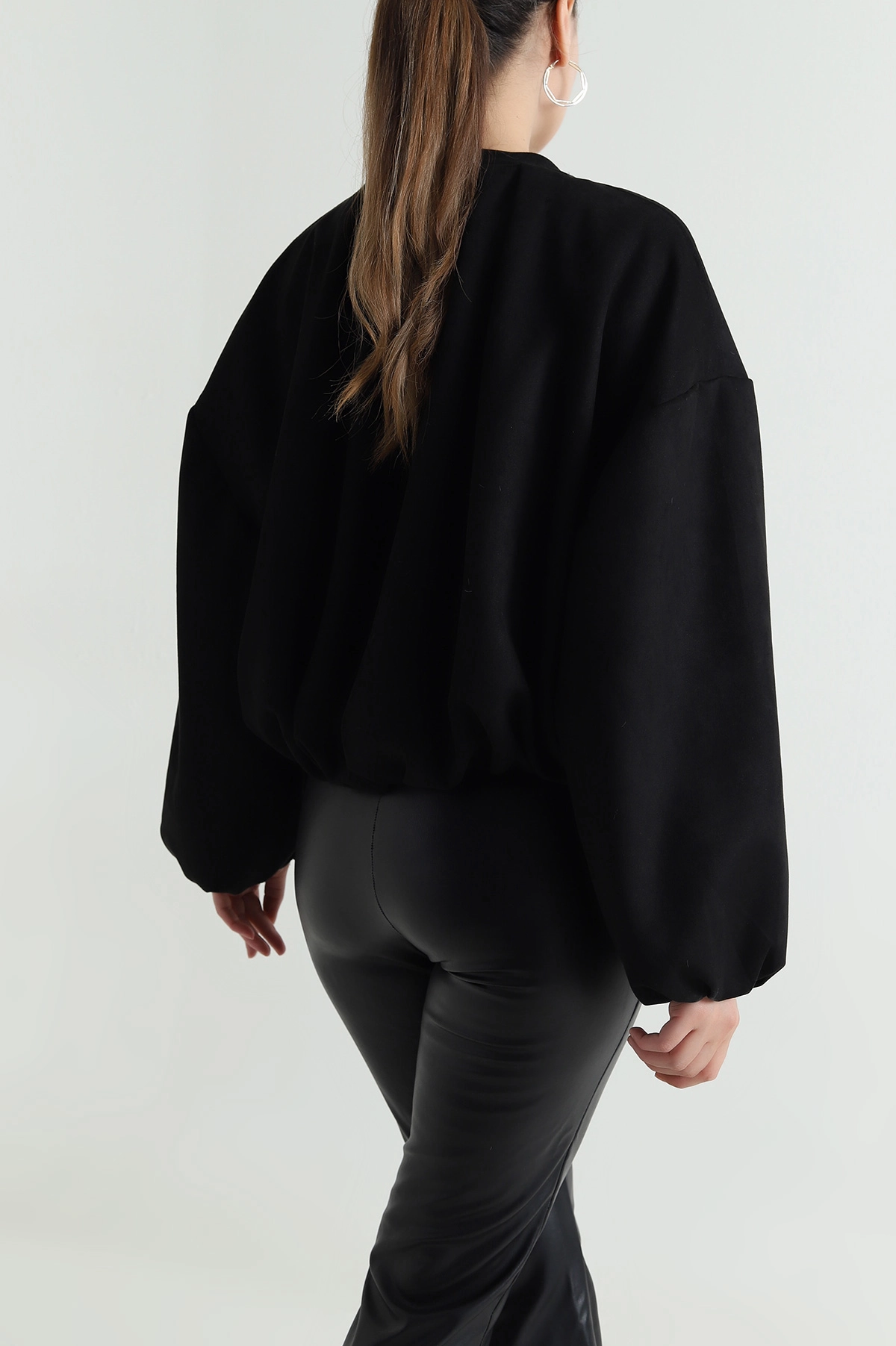 Siyah Balon Bomber Kadın Süet Mont 483998