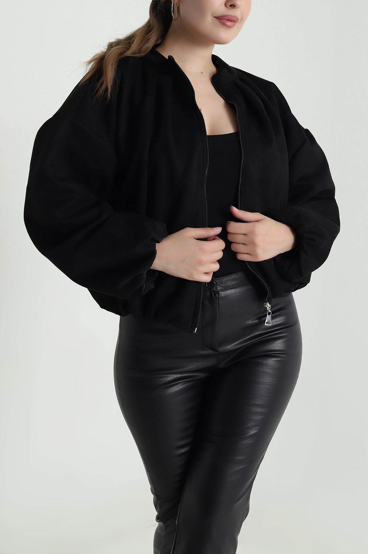 Siyah Balon Bomber Kadın Süet Mont 483998