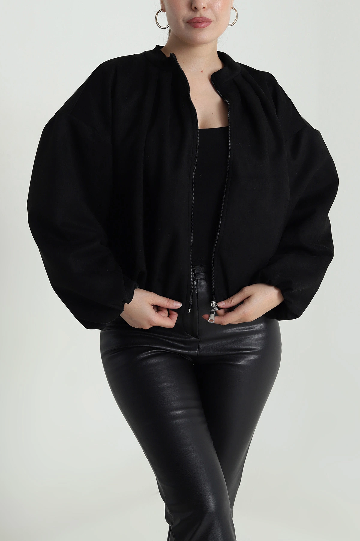 Siyah Balon Bomber Kadın Süet Mont 483998