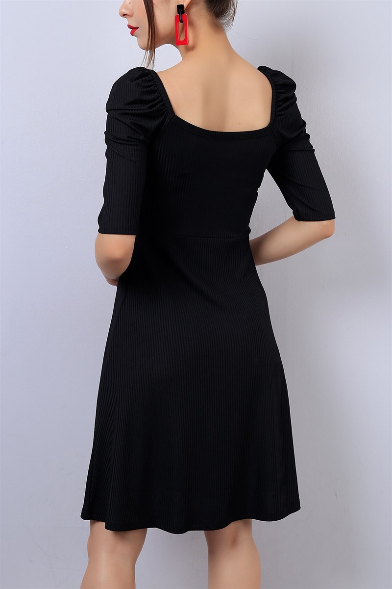 Siyah Balon Kol Bayan Likralı Elbise 14516B