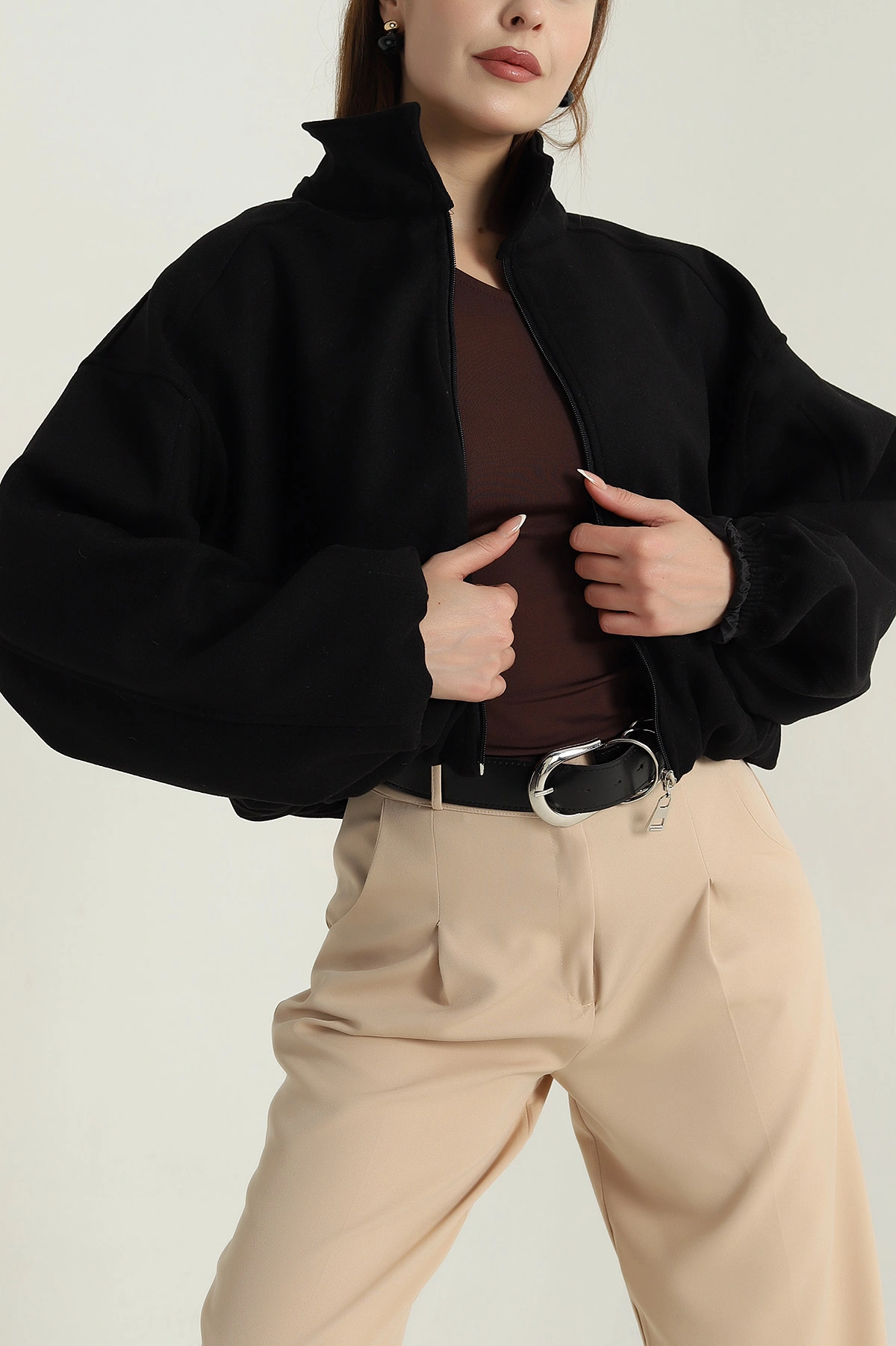 Siyah Balon Kol Kadın Kaşe Bomber Mont 402947
