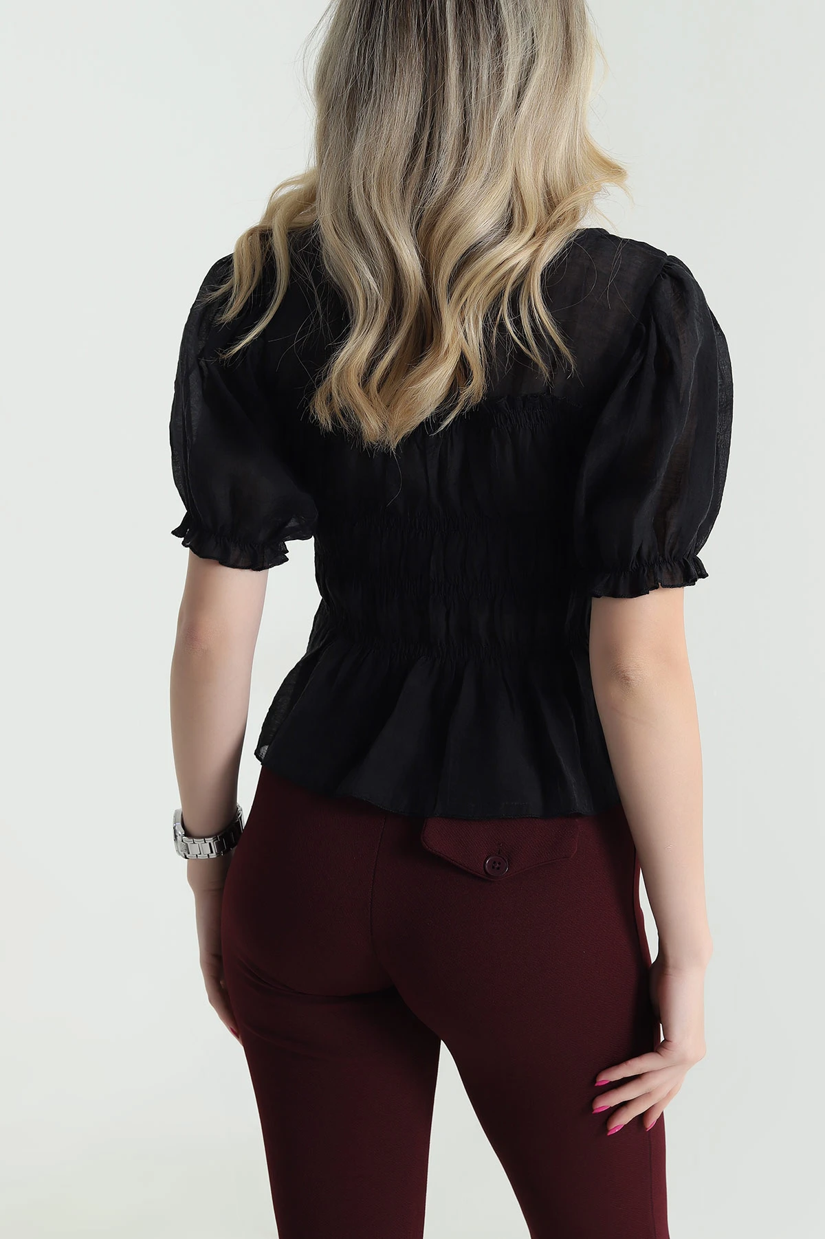 Siyah Balon Kol Tencel Kadın Bluz 463192