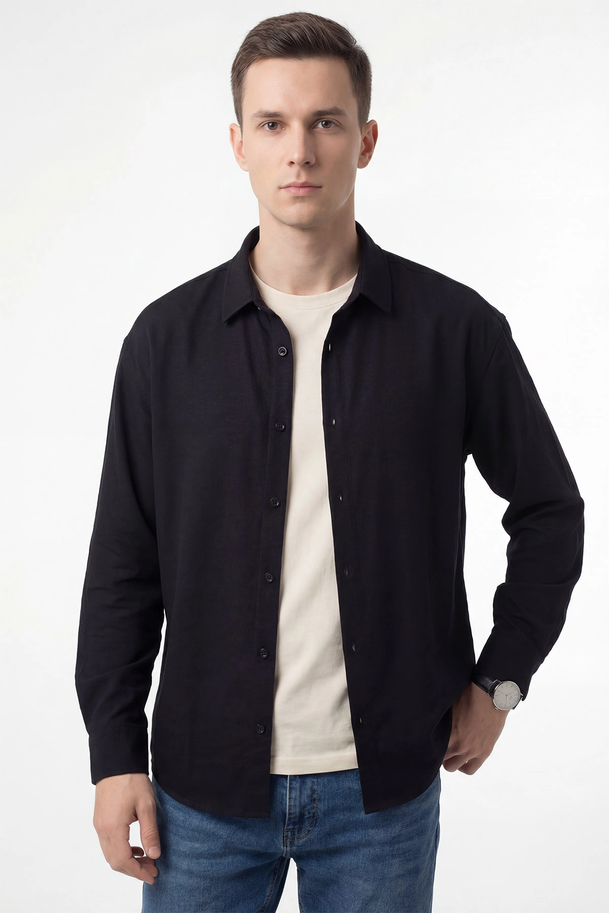 Siyah Bambu Keten Oversize Erkek Gömlek 449836