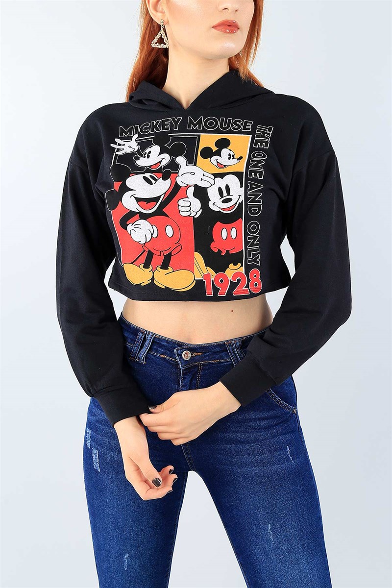 Siyah Baskılı Bayan Crop Sweat 38972