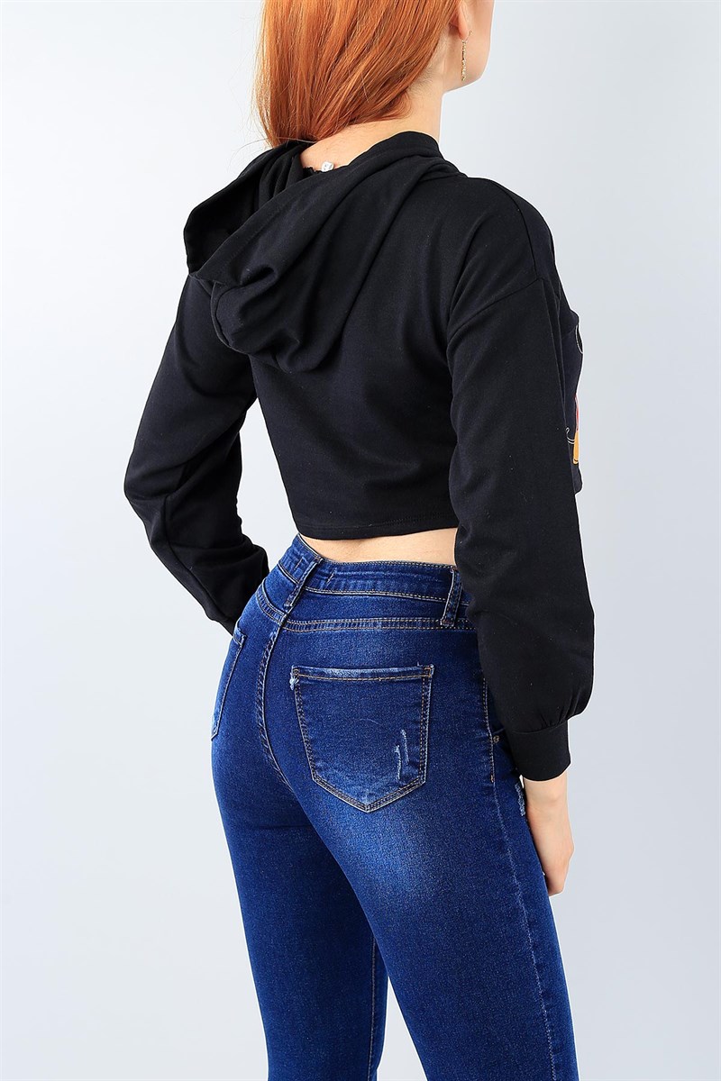 Siyah Baskılı Bayan Crop Sweat 38972