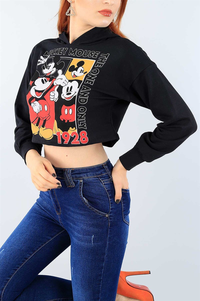 Siyah Baskılı Bayan Crop Sweat 38972