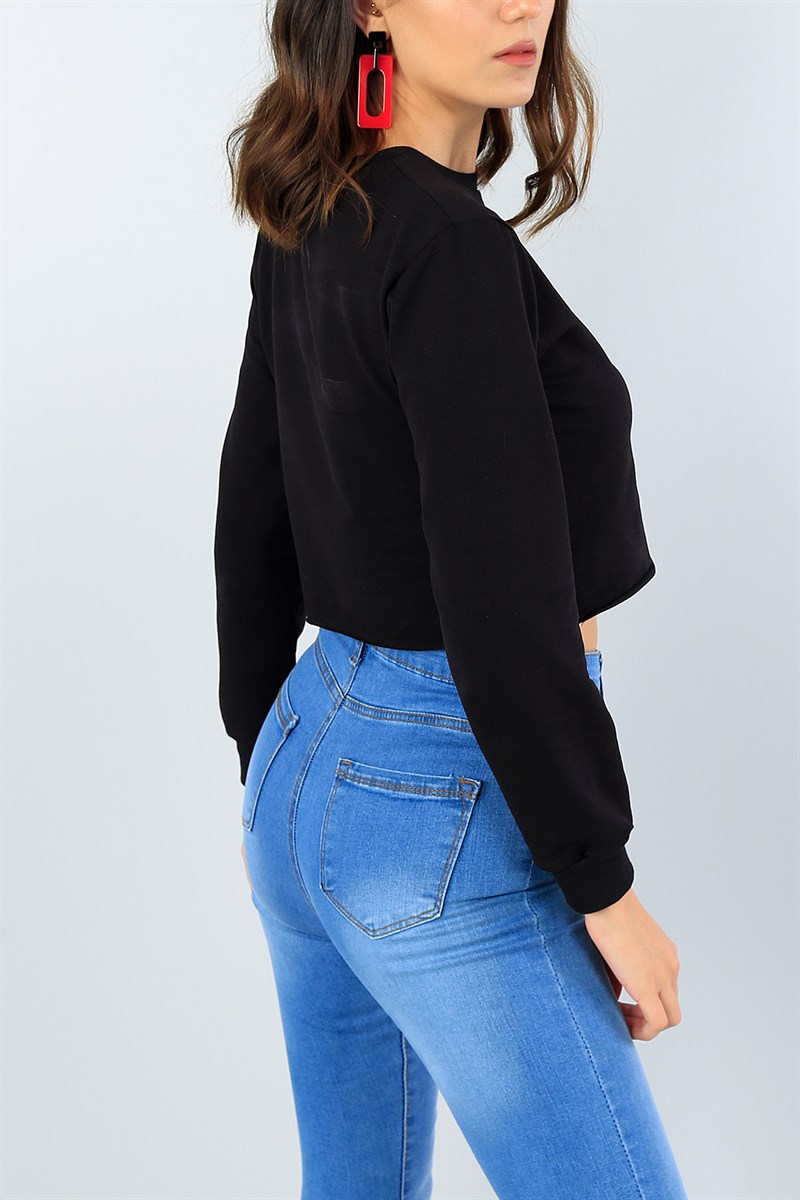 Siyah Baskılı Bayan Crop Sweat 39698