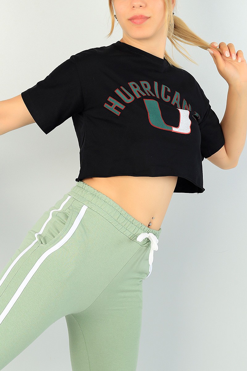 Siyah Baskılı Bayan Crop Tişört 71495