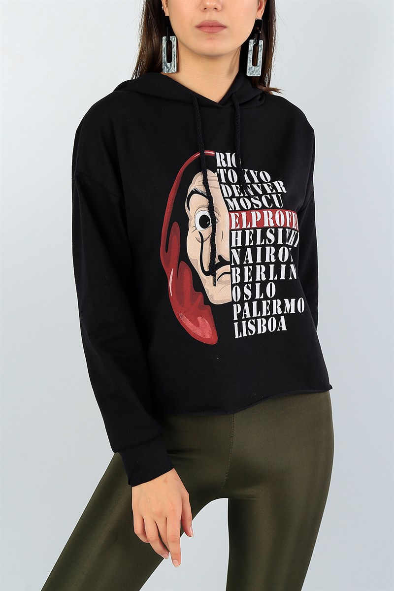 Siyah Baskılı Bayan Kapüşonlu Sweat 39820