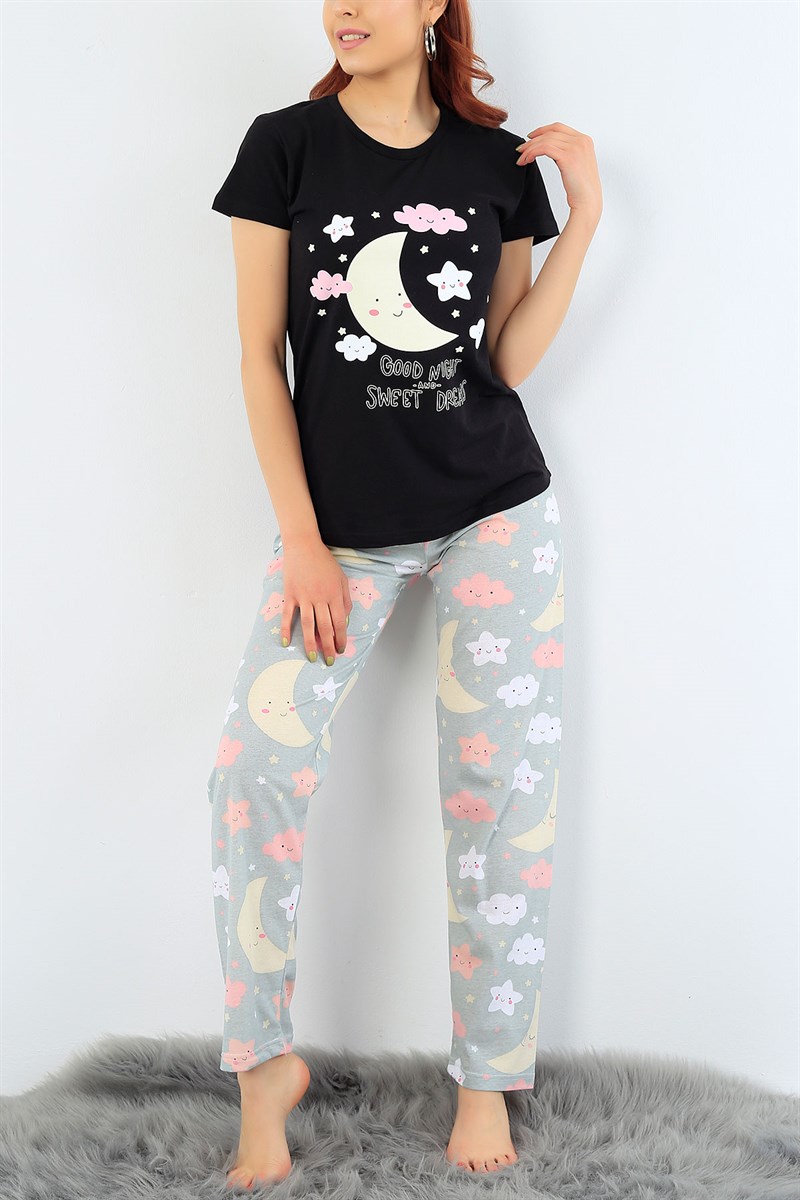 Siyah Baskılı Bayan Pijama Takımı 32066