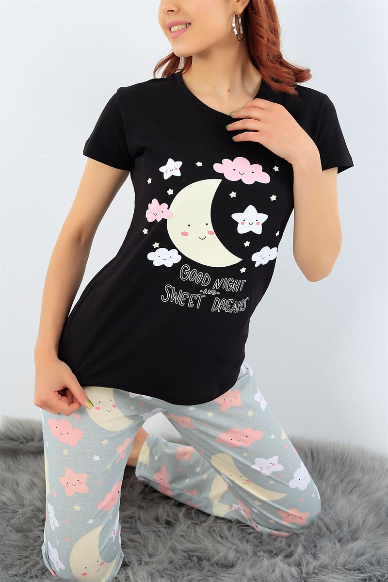 Siyah Baskılı Bayan Pijama Takımı 32066